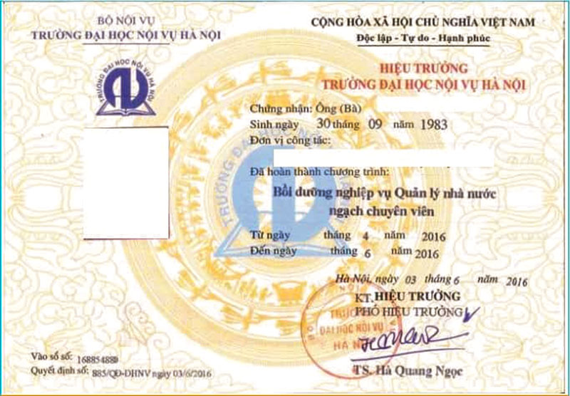 Chứng chỉ quản lý nhà nước ngạch chuyên viên chuẩn Bộ Nội Vụ